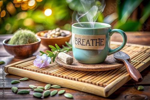 Obraz na płótnie Handmade Stoneware Mug with Breathe Inscription and Relaxation Essentials on Bamboo Tray w salonie