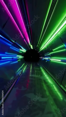 Vivid neon tunnel with dynamic light patterns and pulsating colors