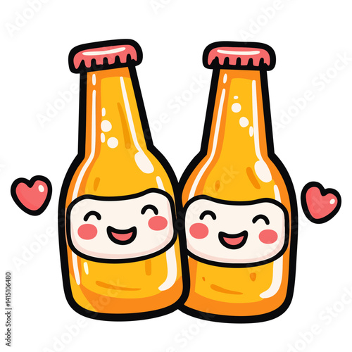 Two happy beer bottles with hearts, lovely cider alcohol or soda drinks, doodle cartoon character, kawaii isolated cute clean and simple vector illustration