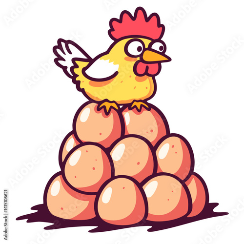 Small hen chicken sitting on a big pile of eggs, doodle cartoon character, kawaii isolated cute clean and simple vector illustration