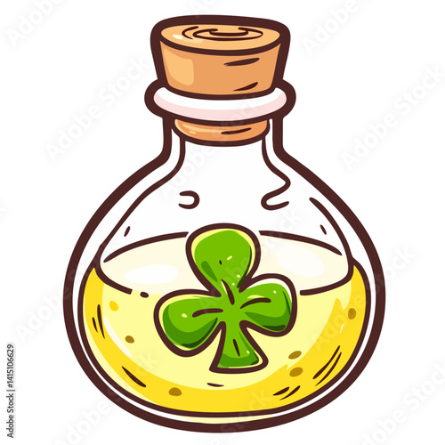 Magic clover luck potion, good fortune elixir flask with cork, doodle cartoon clip art, isolated clean and simple vector illustration