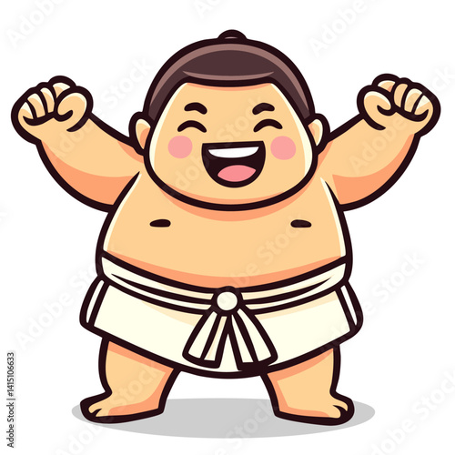 Happy sumo wrestler raised his hands as tournament fight winner, doodle cartoon character, kawaii isolated cute clean and simple vector illustration