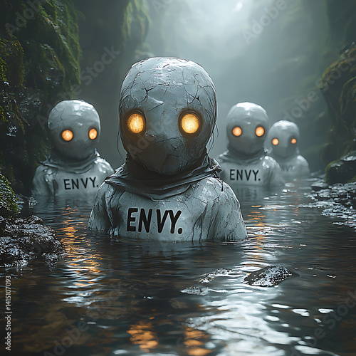 Surreal scene of glowing eyed figures submerged in water with ENVY written on their shirts
