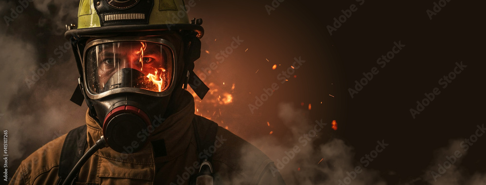 Firefighter in Protective Gear and mask Facing Fire close-up portrait wide picture