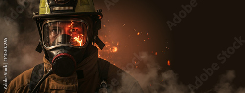 Firefighter in Protective Gear and mask Facing Fire close-up portrait wide picture