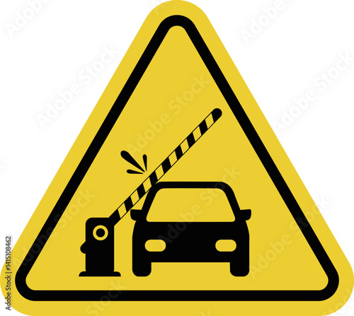 Barrier sign. Automatic barrier operates without human intervention can lower or rise unexpectedly. Do not stop under boom. Warning yellow triangle road sign.