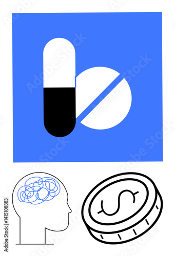 Capsule and tablet on blue square, brain with tangled lines, and dollar coin outline. Ideal for mental health, healthcare, treatment cost, pharmaceutical, decision-making, innovation simple landing