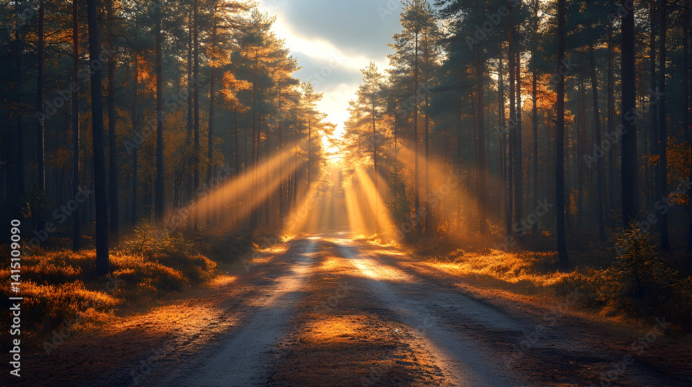 Obraz premium Sunlight streams down a path through a dense forest casting long shadows and highlighting the trees and the path itself