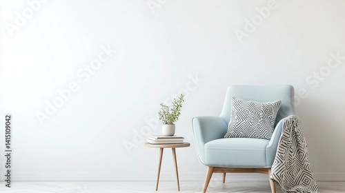 Modern Minimalist Living Room with Blue Armchair and Geometric Throw