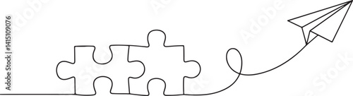  Minimalistic vector art showing two puzzle pieces fitting together with a paper airplane flying away. Represents connection, solutions, success, and forward-thinking. Ideal for creativity and collabo