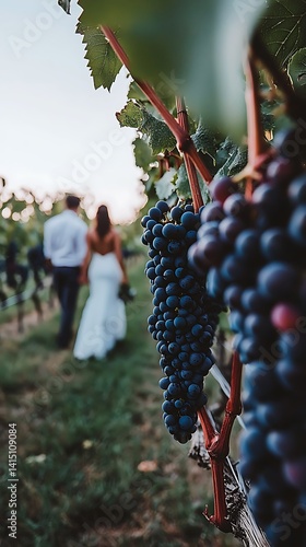 Romantic Vineyard Wedding, Newlyweds Strolling Through Grapevines at Sunset