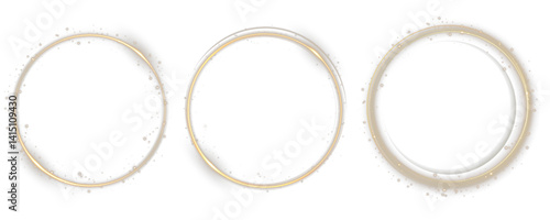 Sparkling stardust ring forms abstract celestial energy frame. Vector gold line flows dynamically like optic fiber twist. Shining arc creates elegant motion for digital design. Glitter dust sparkle