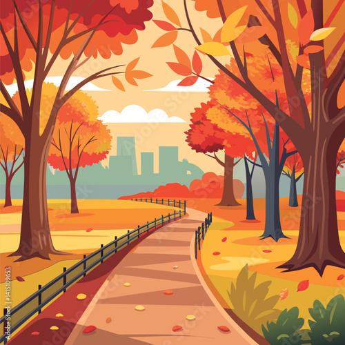 Autumn park path winding through fall foliage.