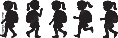  Black silhouette illustrations of a young girl walking with a backpack, depicted in different walking poses. Ideal for educational, student, and back-to-school-themed projects, symbolizing student li