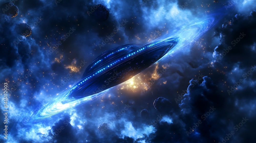 Obraz premium A dynamic depiction of an advanced civilization exploring a vibrant alien ocean filled with glowing life forms