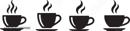  Vector black coffee cups with steam, perfect for hot drinks, cafe logos, food-related visuals, and beverage icons. Simple and minimalistic design for coffee-themed graphics.

