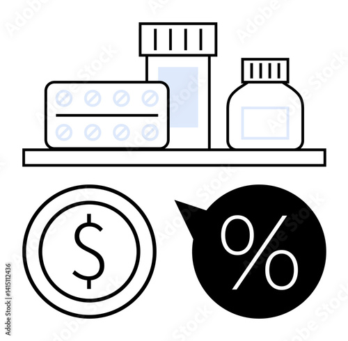 Medicine bottles, tablets, dollar symbol, and discount percentage icon. Ideal for healthcare, medical retail, e-commerce, pharmacy discounts, pricing cost analysis simple landing page