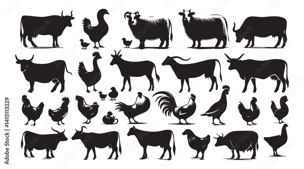 Fototapeta premium Farm Animal Silhouettes Collection – Livestock, Poultry, Tractor, and Rural Elements Vector Set
