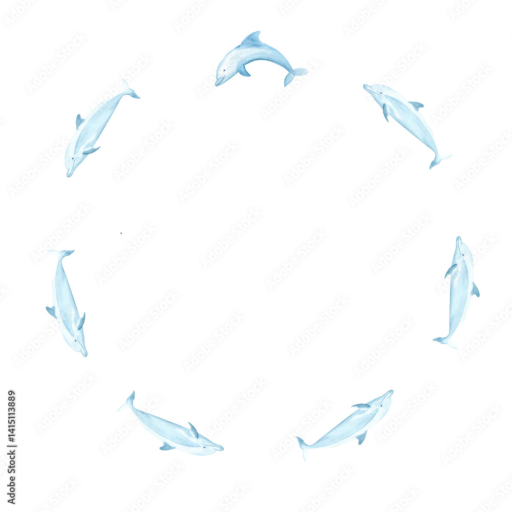 Dolphins watercolor round frame isolated on white. Hand-drawn blue monochromatic clip art perfect for notebooks, posters, cards, dishes, stickers, tote bags, eco, sea tourism, room decor and design Dolphins watercolor round frame isolated on white. Hand-drawn blue monochromatic clip art perfect for notebooks, posters, cards, dishes, stickers, tote bags, eco, sea tourism, room decor and design