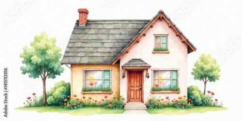 Charming Cottage Home with Vibrant Spring Flowers and Lush Greenery