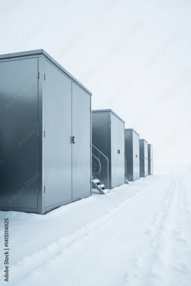 Fototapeta premium Row of Secure Metal Storage Units in a Snowy Landscape