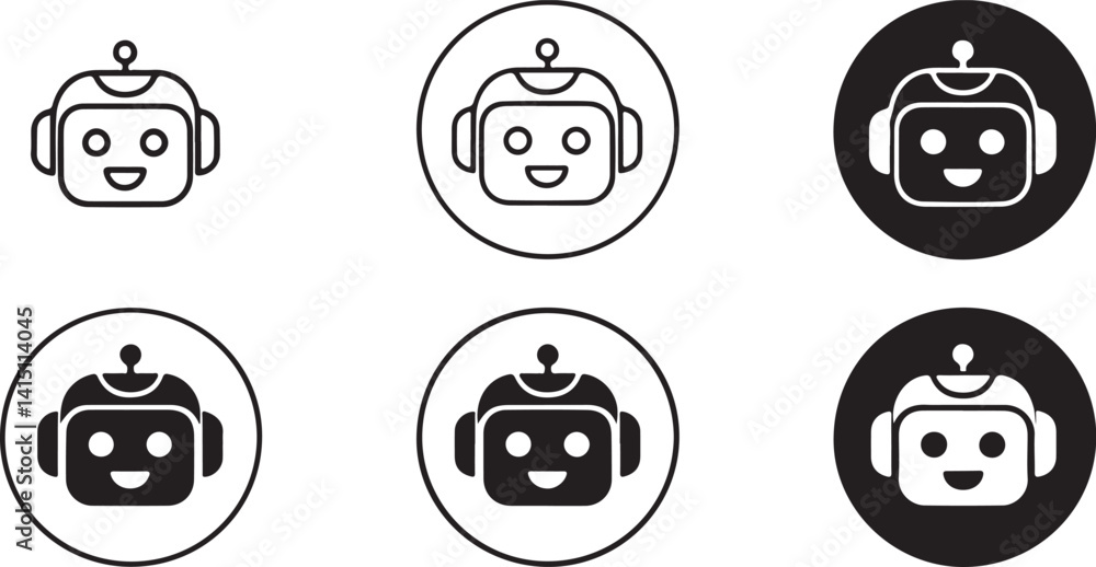 Vector icons of a friendly robot character in different styles and orientations. Perfect for technology, robotics, and AI-themed designs and projects, symbolizing futuristic technology. Vector icons of a friendly robot character in different styles and orientations. Perfect for technology, robotics, and AI-themed designs and projects, symbolizing futuristic technology.