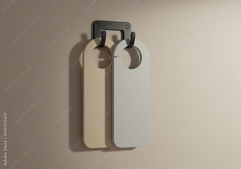 Minimalist composition of two hotel door signs hanging on a black wall hook Minimalist composition of two hotel door signs hanging on a black wall hook