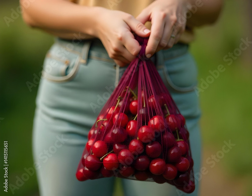 Woman hands holding red cherries in the bag