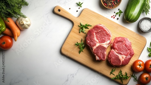 Wooden cutting board with two pieces of meat and a variety of vegetables including tomatoes, carrots, and peppers