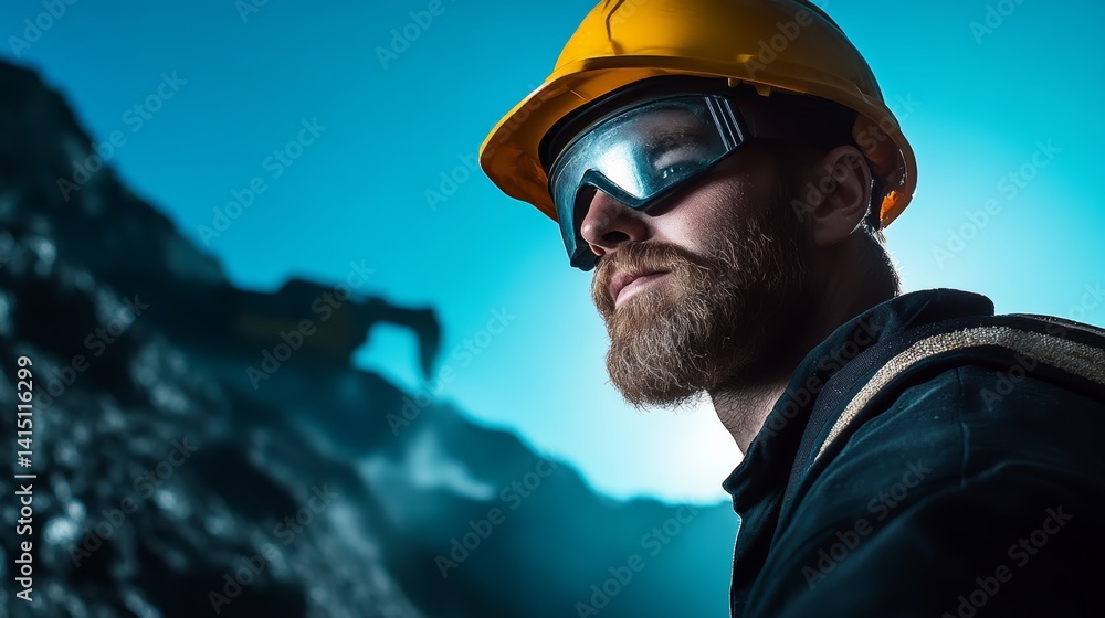 Fototapeta premium Man with a beard and a yellow helmet is looking at the camera. He is wearing a black jacket and a black hat