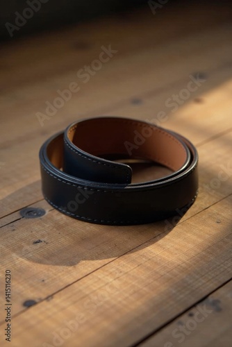 Elegant black leather belt rolled on a rustic wooden surface bathed in sunlight