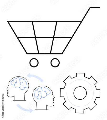 Shopping cart outline, two heads with brains and exchange arrows, gear hinting innovation. Ideal for e-commerce, innovation, teamwork, decision-making, creativity, education simple landing page
