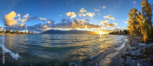 Scenic Sunset Over Lake Geneva with Swiss Alps in Background Landscape