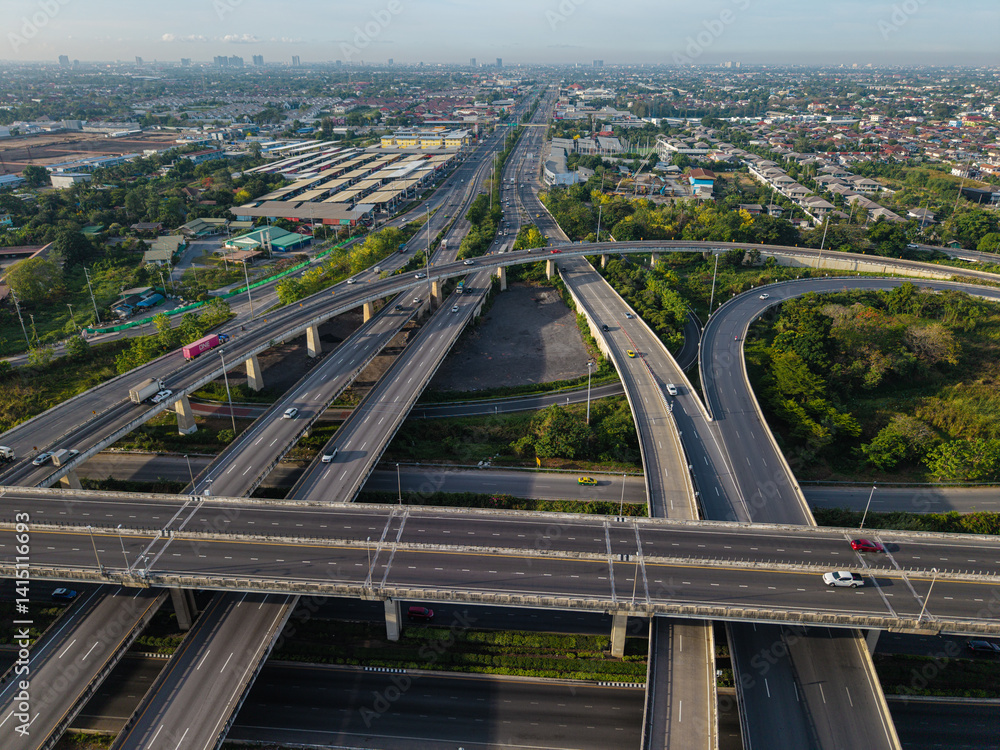 Aerial view city transport junction cross road with vehicle movement