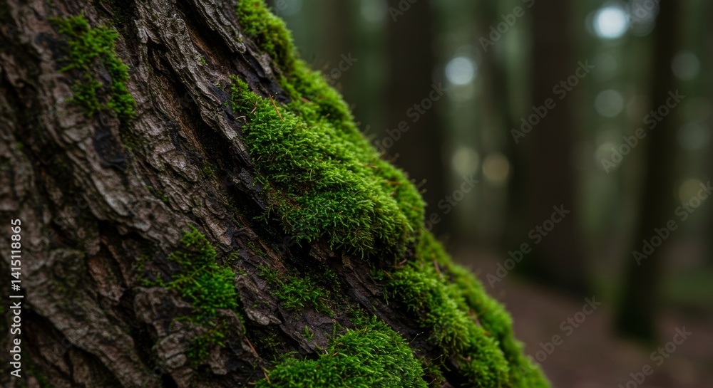 Lush Mossy Tree Trunk in Forest - Nature's embrace, growth, tranquility, woodland beauty, vibrant green. A close-up view of lush green moss covering a textured tree trunk in a peaceful forest setting Lush Mossy Tree Trunk in Forest - Nature's embrace, growth, tranquility, woodland beauty, vibrant green. A close-up view of lush green moss covering a textured tree trunk in a peaceful forest setting