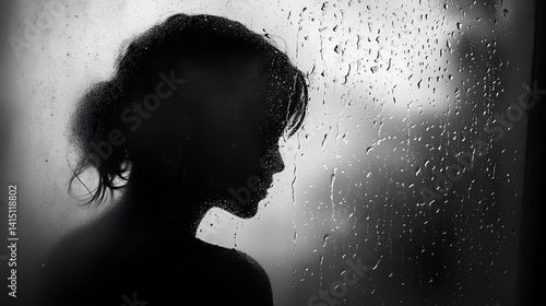 A foggy windowpane with droplets of rain, a person’s silhouette gazing out,