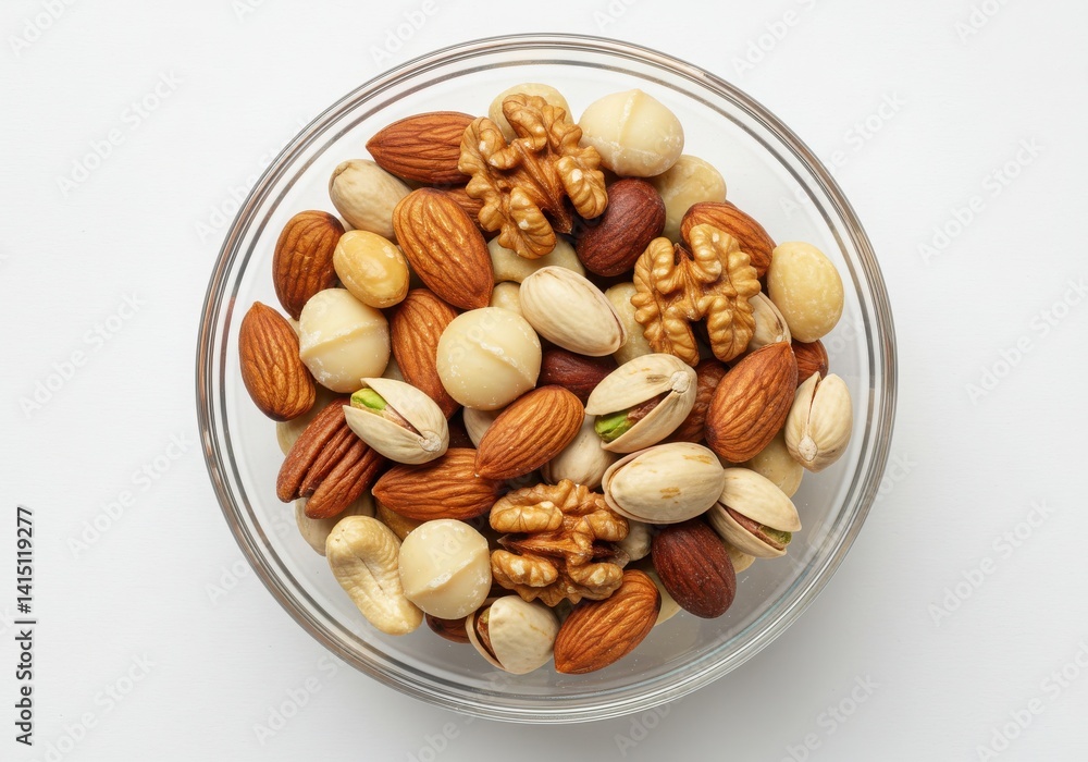 Assorted nuts in a glass bowl isoleted on white background Assorted nuts in a glass bowl isoleted on white background