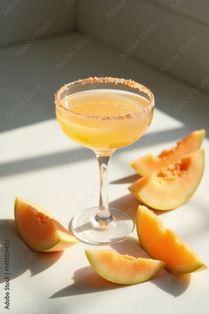 A refreshing summer beverage in a stemmed glass, garnished with a sugared rim, accompanied by slices of sweet melon, bathed in sunlight.