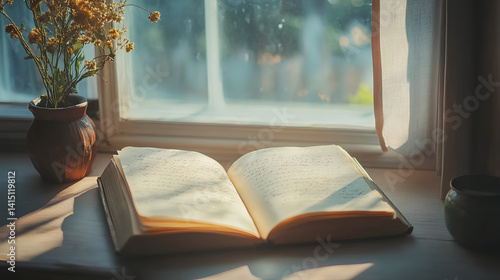 A peaceful corner with morning rays touching the pages of an open journal,