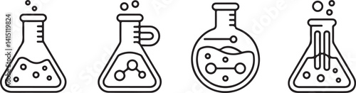  Vector icons of laboratory glassware such as beakers and flasks filled with chemical liquids and bubbles, symbolizing science, research, and chemistry. Perfect for educational and research designs.