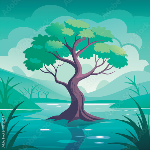 Peaceful lake scene with lone tree.