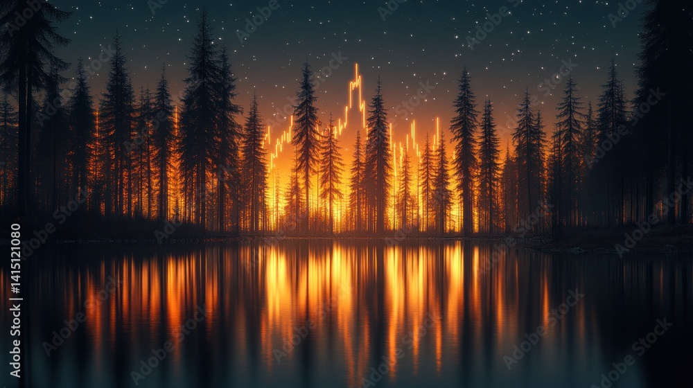 Fototapeta premium Nightfall Symphony: Candlestick Chart in a Serene Forest