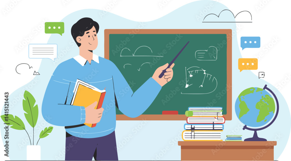 Teacher explaining a lesson on a chalkboard, holding a book, with a globe and plant in the classroom. Great for educational, classroom, and learning-related designs. Teacher explaining a lesson on a chalkboard, holding a book, with a globe and plant in the classroom. Great for educational, classroom, and learning-related designs.