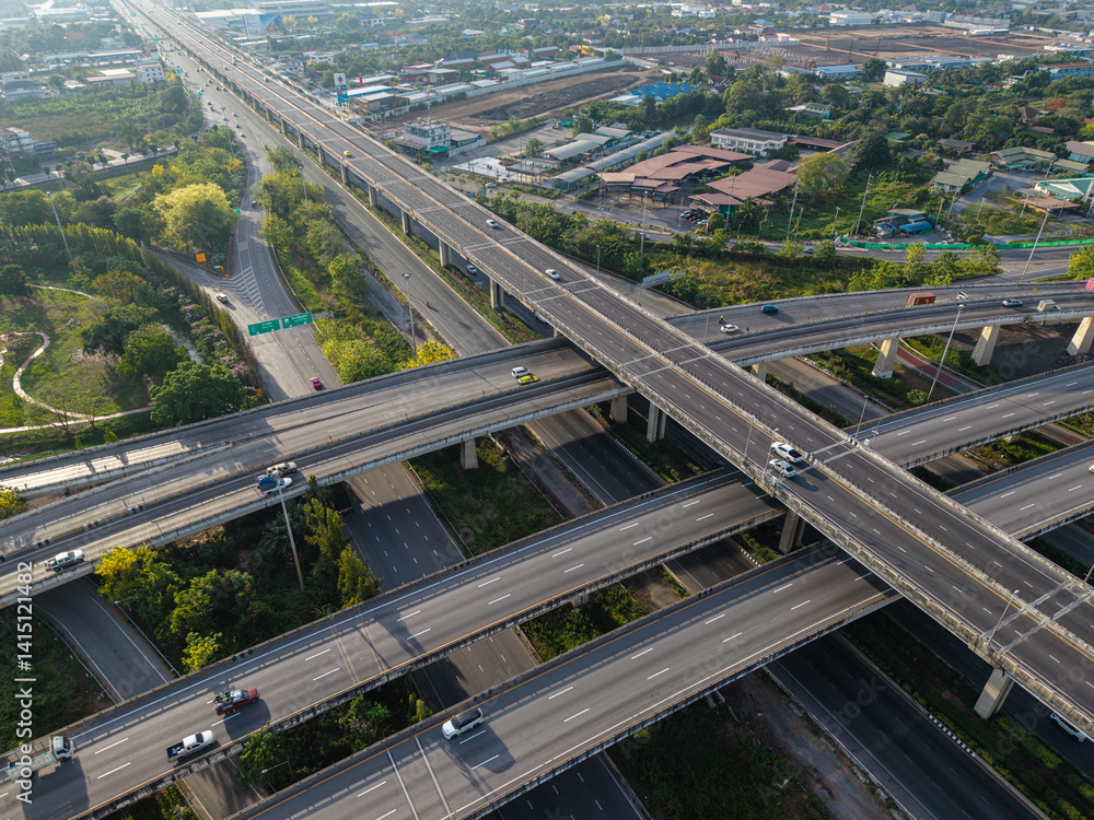 Aerial view city transport junction cross road with vehicle movement