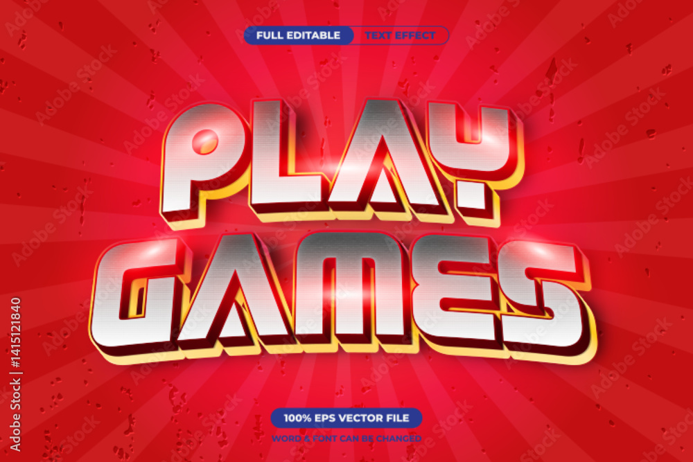 Retro modern play games text effect with a bold red and silver style. Perfect for arcade titles, casual games, and fun gaming visuals. Fully editable EPS vector Retro modern play games text effect with a bold red and silver style. Perfect for arcade titles, casual games, and fun gaming visuals. Fully editable EPS vector