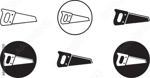  Vector icons of a hand saw in different orientations, ideal for carpentry, DIY projects, and tools. Perfect for designs related to construction, woodworking, and manual work.