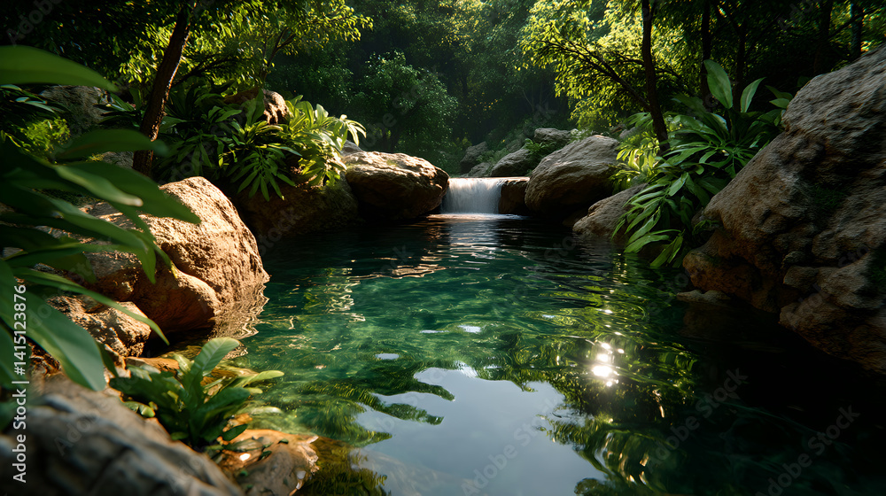 Tranquil Rainforest Waterfall Pool Lush Greenery and Sunlight Reflections
