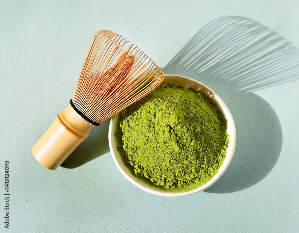 Bowl of matcha powder on light background with bamboo whisk and soft shadows. Bowl of matcha powder on light background with bamboo whisk and soft shadows.
