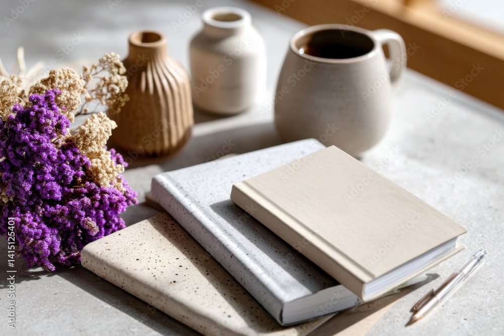 Fototapeta premium Stylishly arranged notebooks and ceramic vases with dried flowers create a serene and artistic atmosphere, perfect for inspiration and creative writing in soft colors and textures.