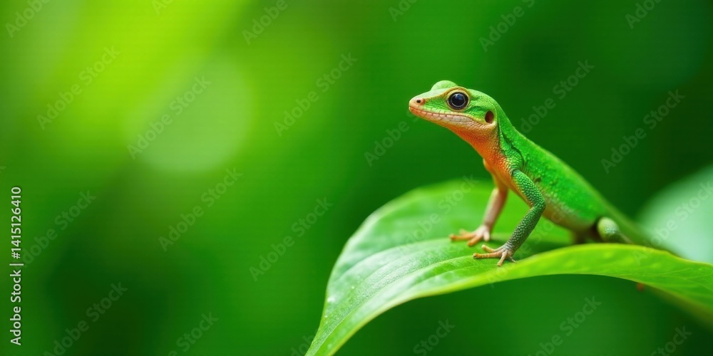 A Vibrant Green Lizard Perched on a Lush Leaf, Basking in the Warmth of a Tropical Forest A Vibrant Green Lizard Perched on a Lush Leaf, Basking in the Warmth of a Tropical Forest
